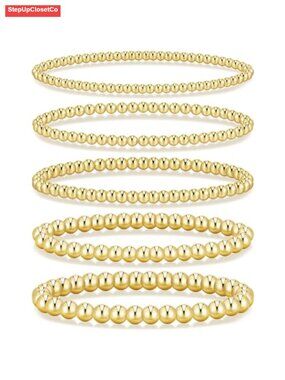 14K Gold Plated Stretch Bracelets Set, 5 Pcs Chunky Bead Stackable Bracelets,
